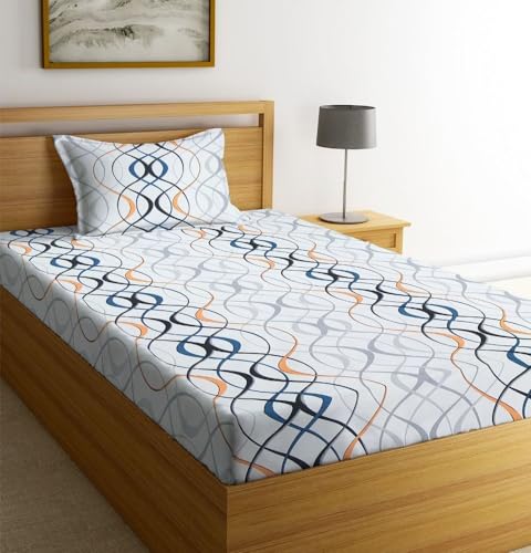 Image of NEW LEAF Glace Cotton 220 TC Flat Single Bedsheets for Summer Breathable | Wrinklefree (Size-60 X 90 Inch) with 1 Pillow Covers (Size-17 X 27 Inches, Zigzag, White Black Zigzag)