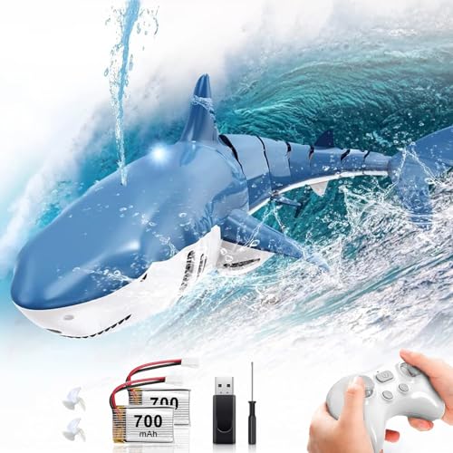 Jouets de piscine à eau télécommandés pour enfants, jouets de requin électrique RC avec pulvérisation d'eau, jouet de natation et de bain, cadeau pour garçons et filles de 6 ans et plus, bleu