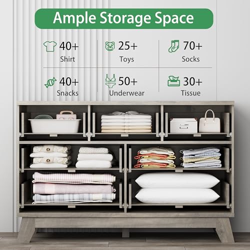 Image of Xixini Fluted Dresser for Bedroom with 7 Drawers, 48 inch Wide Modern Chest of Drawers with Metal Handle, Wood Dresser TV Stand, Wooden Closet Clothes Storage Organizer for Living Room, Hallway, Grey
