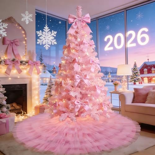 Light Pink Tulle Christmas Tree Skirt 48 Inch, Large Fluffy Ruffle Tree Skirt, 6-Layer Elegant Wedding Pleated Tree Mat, Pastel Pink Valentine Preppy Christmas Decorations for Artificial Tree Decor