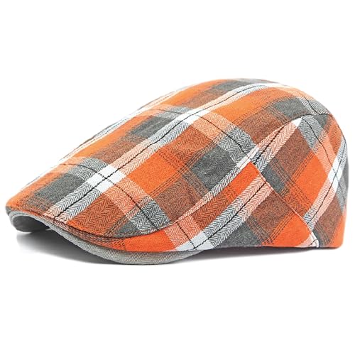 Mens Plaid Newsboy Flat Cap Ivy Gatsby Driving Hunting Cabbie Hat (Orange-Plaid a)