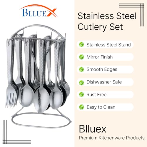 Image of Premium Stainless Steel, 25-Piece Cutlery Set for Kitchen & Table (6 Dessert Table Spoons, 6 Forks, 6 Tea Spoons, 6 Soup Spoons, 1 Storage Stand) (25, Silver)