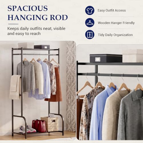 Image of Lukzer Metal Cloth Stand with Bottom Shelf | Freestanding Garment Stand for Hanging Clothes, Towels & Shoes | DIY Storage Organizer Rack for Bedroom, Laundry, Balcony & Entryway (Black /80x150x43 cm)