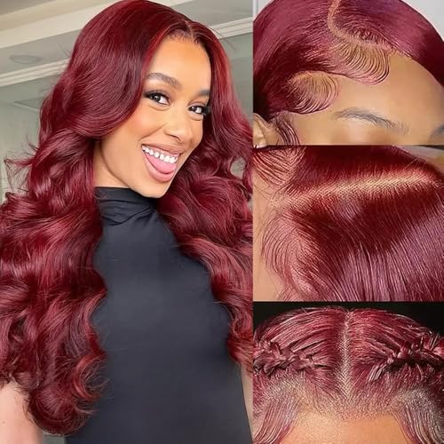 99j Burgundy Lace Front Wigs Human Hair Body Wave 13x4 Red HD Lace Frontal Wig Wear and Go Glueless 99j Burgundy Wigs Human Hair Pre Plucked with Baby Hair 20 Inch Red Colored Wigs For Black Women