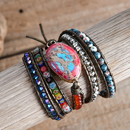 Image of YGLINE Boho Handmade Natural Stone Wrap Bracelets Jasper Crystal Beads Bracelet Jewelry
