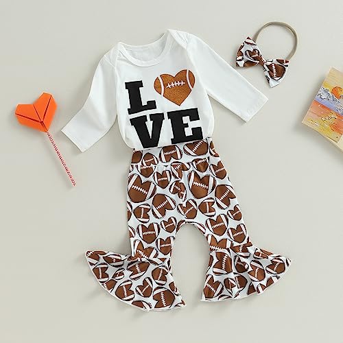 BULINGNA 3Pcs Infant Baby Girl Football Season Outfits Love Bodysuit Romper Heart Shape Football Flared Pants with Headband2