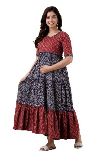 Women's Cotton Blend Floral Print Maternity Kurta, Maroon, 3/4 Sleeves, Regular Fit, Ethnic-image-43
