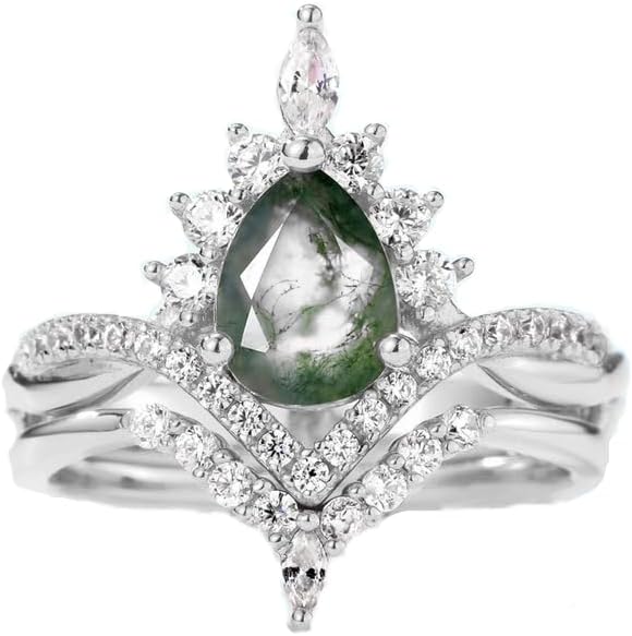 1.0CT Pear Shaped Moss Agate Engagement Rings for Women 14K Gold Plated 925 Sterling Silver Natural Moss Agate Ring Set Twisted Infinity Ring Vintage Halo Bridal Set 2pcs V Shaped Wedding Band Anniversary - Image 2