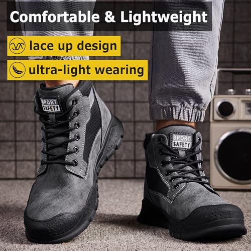 Image of Steel Toe Boots for Men Industrial Indestructible Work Slip Resistant Leather Construction Safety Shoes Grey Size 8.5