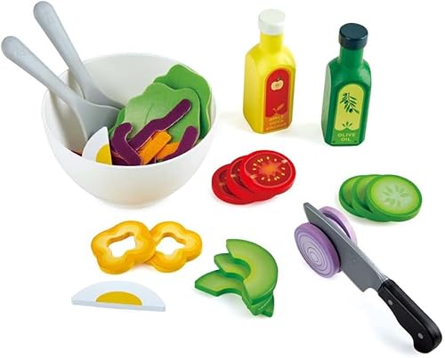 Hape Juego de ensalada de madera saludable | 39 piezas de juego de ensalada de simulación con utensilios e ingredientes para niños pequeños a partir
