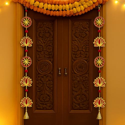 Image of True Decor 2PC Wall Door Hanging Lotus Toran with Bells Main Door Entrance Pooja Room Temple Wedding Festival Decor - Diwali Decoration Items for Home Dcor