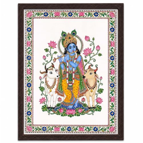 Image of PAPER PAJAMA Lord Krishna with Cow Wall Art for Living Room | Madhubani Krishna Flute Painting | Traditional Mithila Religious Framed Decor for Home, Temple & Office (10x13 Inches)