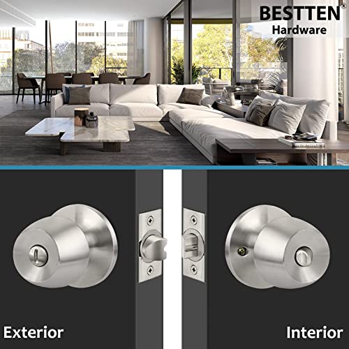 Bestten Privacy Door Knob With Removable Latch Plate, Keyless Round Knob Handle Without Keys For Bathroom Or Bedroom, All Metal, Satin Nickel, Amsterdam Series #TOP1