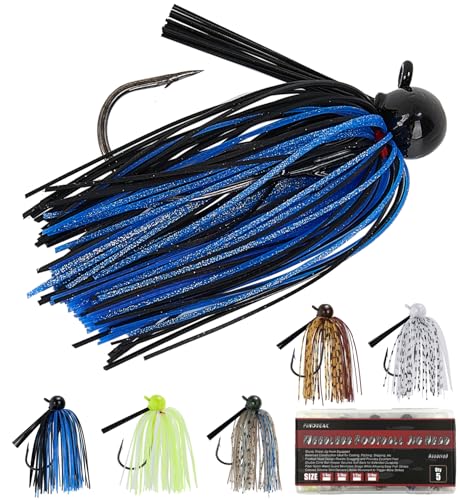 FINOSEAK Weedless Football Jigs for Bass Fishing Multi-Coloured Finesse Football Jig Heads with Vivid Hand-Tied Silicone Skirt and Weed Guard 1/4 3/8 1/2 3/4oz (Pack of 5)