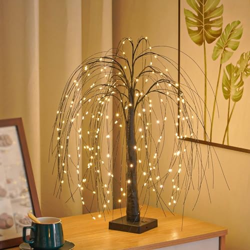 Image of CHENRI Halloween Willow Tree Lights, 192 LED Artificial Willow Night Lights, Adjustable Branches Halloween Lighted Willow Tree, Table Lamp for Home Party Decor (Black-Warm)