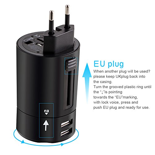 Adaptador Enchufe, Adaptador de Viaje Cargador Portátil de Rotación con Dos Puertos USB para 150 Países y Seguridad de Fusibles para Tableta PC,Smartphones Cámaras Digitales- Milool (Negro)