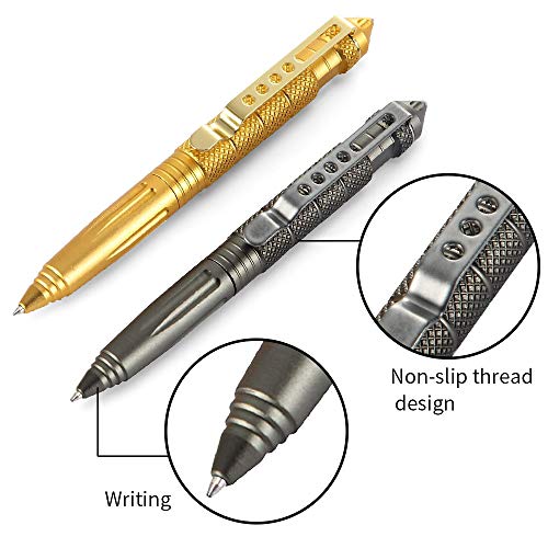 Military Tactical Pen Set Pack Of 2 With 12 Black Ballpoint Refills For Writing, Emergency Glass Breaker, Made Of Tungsten Steel & Aluminum (Gold & Gray) #TOP2