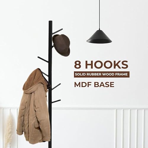 Vista 13 de Perchero y soporte de madera maciza, colgador de ropa independiente con 8 ganchos y 3 alturas ajustables, perchero, soporte para sombreros, Natural