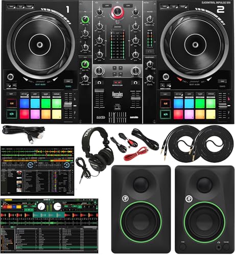 Hercules DJControl Inpulse 500 Professional DJ Controller Studio Bundle with 3.5' Powered Monitors, DJ Headphones, RCA/TRS Cables & DJ Software – Complete Laptop DJ Mixing & Performance Kit