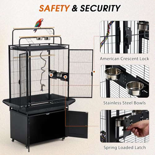AVAWING 70-Inch Bird Cage with Play Top & Storage Cabinet, Tall Big Bird Flight Cage with Pull-Out Tray, Feeders, Cover, Stand, Rope, Metal Bird Aviary for Macaw Parakeet Cockatiel Budgie, Black - Image 5