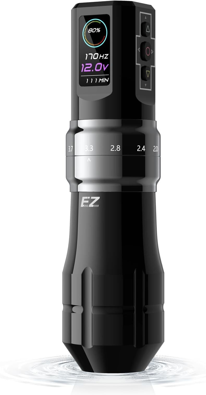 EZ Wireless Tattoo Machine - 6 Strokes 2.0, 2.4, 2.8, 3.3, 3.7, 4.2mm Bluetooth Tattoo Machine Pen with OLED Digital Display 1600mAh Battery Power Tattoo Gun (P3 Pro Gloss Gray)