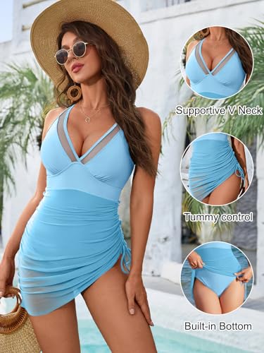 Image of Blooming Jelly Women One Piece Swim Dress Tummy Control Swimsuits Slimming Mesh Sheer Sarong Wraps Bathing Suit