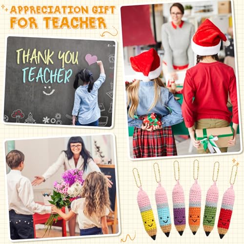 Image of Poen 12 Sets Employee Appreciation Gifts Crochet Knitted Pencils Thank You Greeting Card Set 6 Colors Pencil Sign with Drawstring Organza Bags for Coworker Office End of Year Teacher Gifts Option