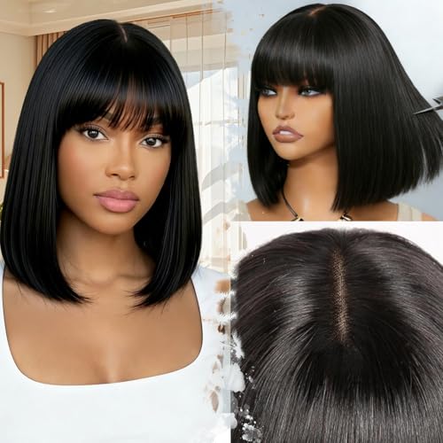 ZHENGON Bob Wig Human Hair with Bangs 200 Density Glueless Wigs Ready to Wear Beginner Friendly 3x1 HD Straight Lace Closure Wigs for Women Natural Black 12 Inch