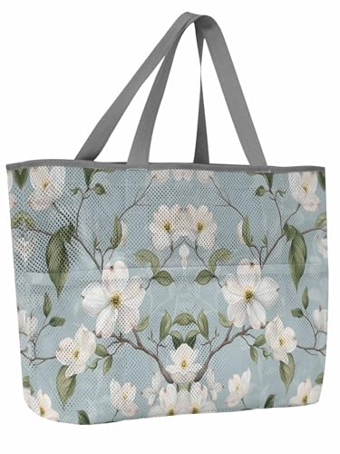 Beach Bags Women Mesh Tote Bag Summer White Gardenia Leaf Toy Grocery Pool Bag with Pockets for Travel/Picnic/Shower