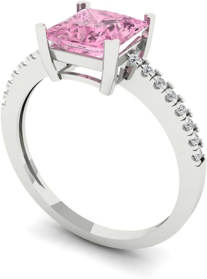 Clara Pucci 14K Solid White Gold 1.62 ctw Pink Solitairewith Accents Ring for Women | Anniversary, Birthday Gift | 6.5mm Princess Cut - Image 2