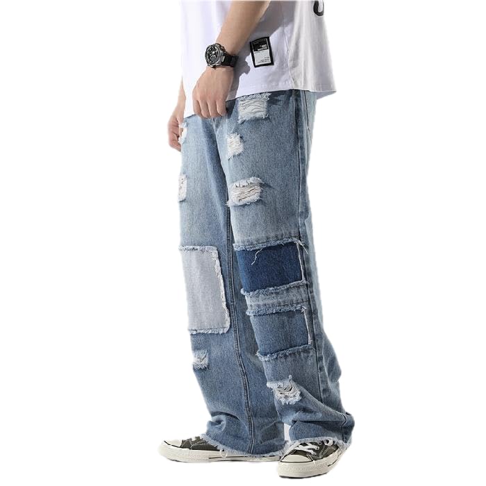 Jeans Pants Trouser Denim Men's Versatile Piercing Patch Zipper High Street Beggar