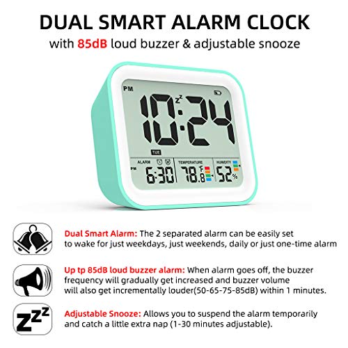 Battery Operated Digital Alarm Clock, Dual Smart Alarm with Workdays/Weekends Setting, Loud Alarm, Snooze, Small Travel Clock with Indoor Thermometer/Hygrometer, Dimmable LED Backlight, Handheld Size