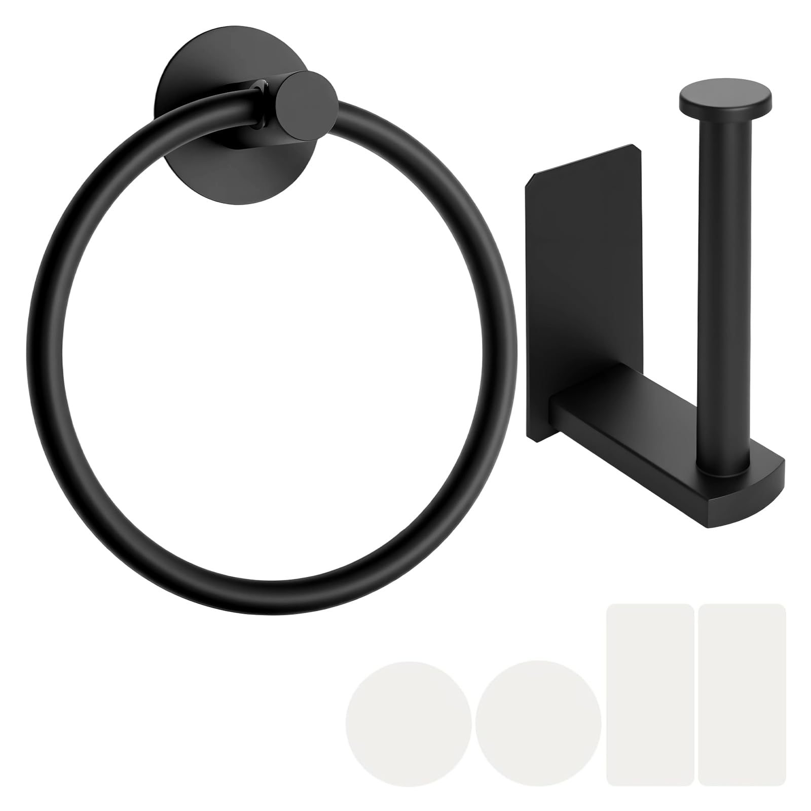 BREEZENEST Toilet Paper Holder & Hand Towel Ring Set for Bathroom 304 Stainless Steel, Matte Black Finish, No Drilling Easy Stick-On Installation, Bathroom Hardware (Black)