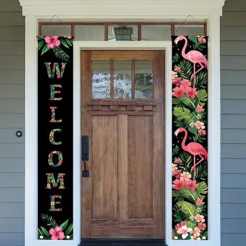 Image of BlissYard 2pcs Black Pink Flamingo Door Banner Summer Hawaiian Porch Banners Sign Sunshine Hibiscus Floral Front Door Hanging Decor Banner for Seasonal Home Hawaii Tropical Party Outdoor Decorations