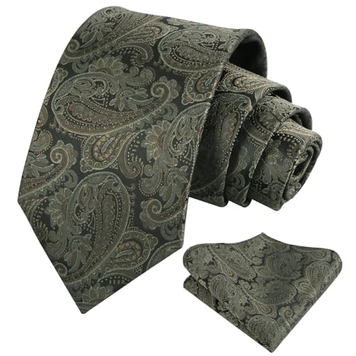 Alizeal Mens Paisley Tie Handkerchief Casual Floral Necktie Set Olive Green