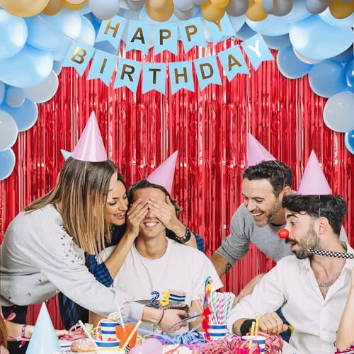 Image of Crosize 5 Pack 3.3 x 9.9 ft Red Foil Fringe Curtains Party Decorations, Red Tinsel Curtain Backdrop for Parties, Door Streamers, Glitter Streamer Backdrop for Birthday Decoration