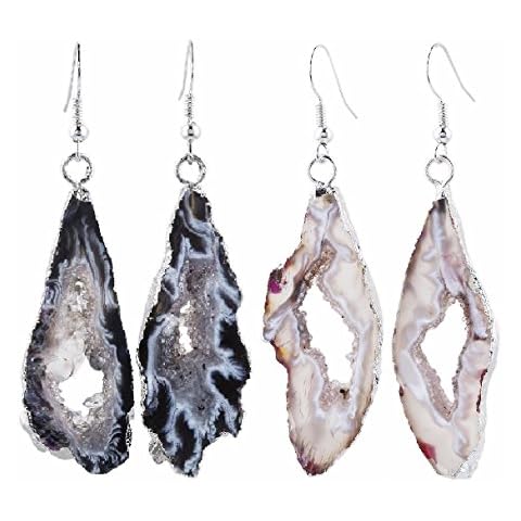 SUNYIK Natural Agate Slice Geode Druzy Dangle Earrings Silver Plated Pack of 2 Cover