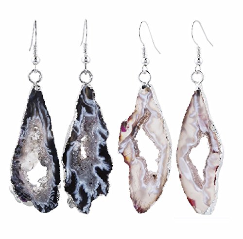 SUNYIK Natural Quartz Durzy Geode Agate Crystal Dangle Earrings Silver Plated, 2 Pairs