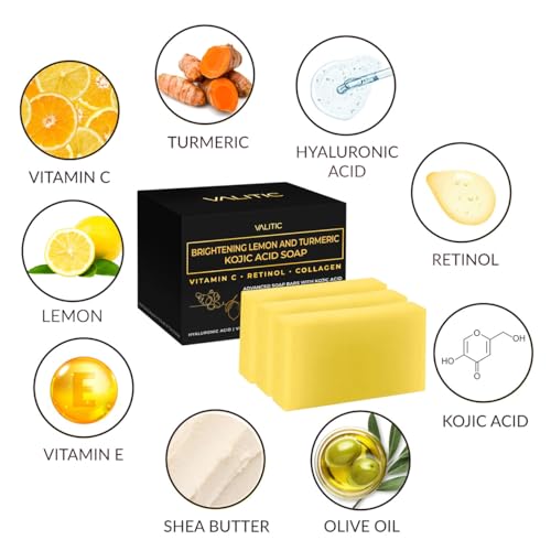 VALITIC Brightening Lemon & Turmeric Kojic Acid Soap with Vitamin C, Retinol, Collagen - Original Japanese Complex Infused with Hyaluronic Acid, Vitamin E, Shea Butter, Castile Olive Oil (3 Pack)