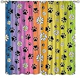Vorhänge mit Pfotenabdruck, Vintage-Regenbogen, Holzbrett, Blume, Hund, Katze, Tier, niedliche Pfotenabdrücke, Verdunkelung, Fensterbehandlungen, thermisch isolierte Vorhänge für Haustierzimmer