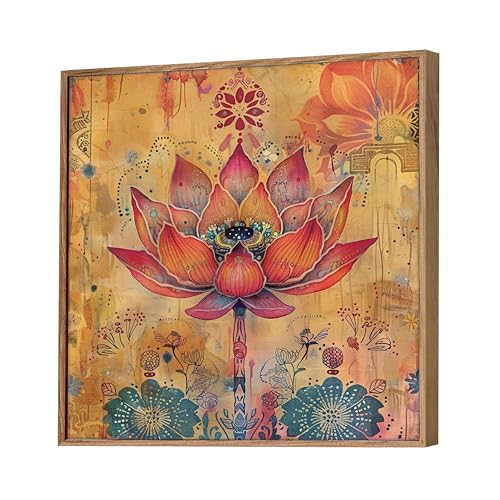 Image of Floral Vastu Lotus Framed Canvas Wall Art Painting for Living Room | Bohemian Botanical Artwork Painting with Frame | Modern Decorative Wall Decor for Home, Bedroom & Office, 23x23 Inch