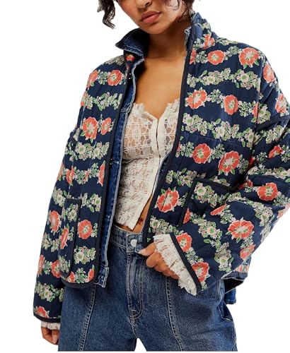 VAOYIU Women’s Navy Floral Cropped Puffer Jacket - Lightweight and Vintage Style