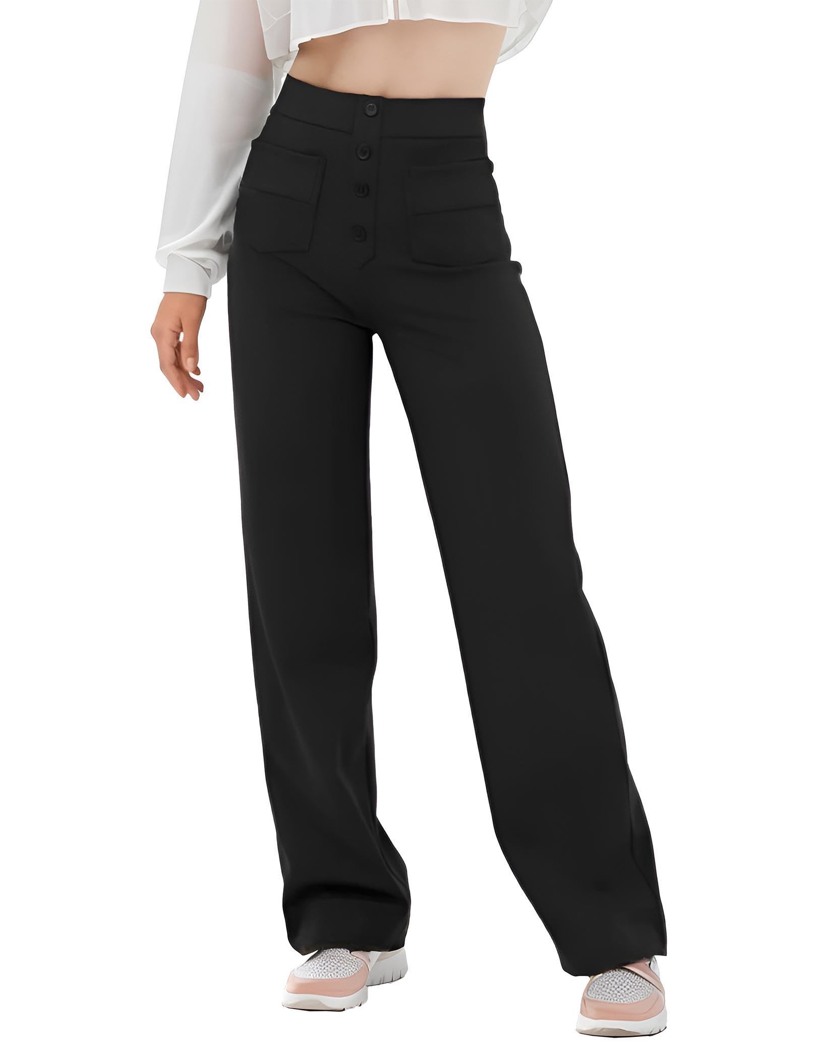 Womens Casual High Waisted Straight Leg Pants Button Down Stretchy Business Work Trousers with Multiple Pockets