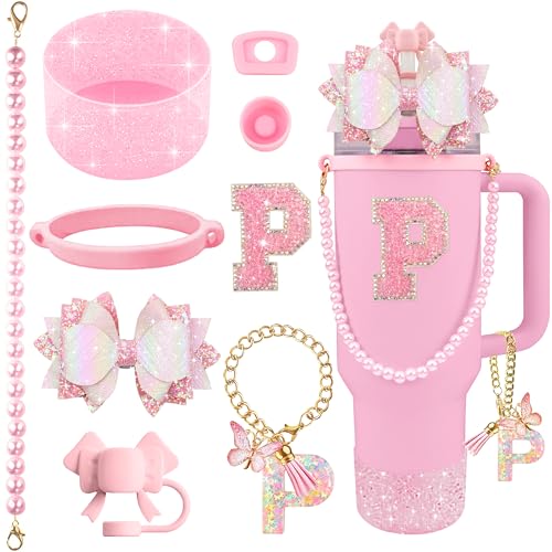 Hpebl 9PCS Pink for Stanley Cup Accessories Set Bling Initials Bow Charms for Stanley Decorations 30/40 Oz Tumbler Accessories Including Bow Straw Topper, Handle Strap, Spill Stopper（Letter P） - image 1