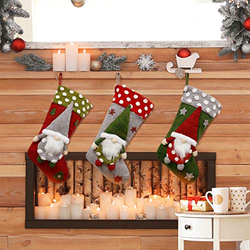 FUNSEED Christmas Gnome Stockings, 19 inch 3 Pack Swedish Tomte 3D Santa Gnomes Nordic Figurine Fireplace Hanging Stockings for Xmas Holiday Decoration