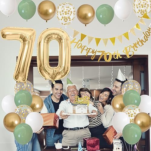 Image of Sage Green White Gold 70th Birthday Balloons with Happy 70th Banner, Cake Decoration Number 70 Balloon for 70 Year Old Party Decor