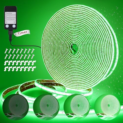StarryEver 10M Green Led Strip Lights, Outdoor 3200 LEDs 24V CRI90+ Dimmable Plug-in COB Light Strip Waterproof, Timer LED Strips with UKCA Power Supply for Kitchen, Camping, DIY, Home Decoration