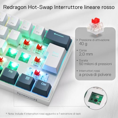 K617 Fizz 60% Wired RGB Tastiera Gaming, 62 Tasti Hot-Swap, Tastiera Meccanica Compatta con Interruttori Rossi Lineari, Supporto per Driver/Software Professionale, Layout Italiano QWERTY - Tastiera gaming - Immagine 3