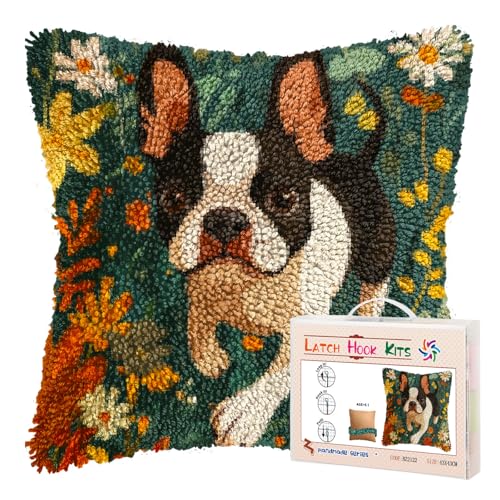 DIY Latch Hook Pillow Kits for Adults Cartoon Cute Boston Terrier Dog Running in Flower Printed Pillowcase Crochet Yarns Hooking Handmade Pillow Cover Cushion for Home Sofa Decoration 17x17inch(3)