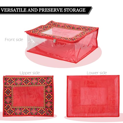 Image of Heart Home Pack of 12 Saree Storage Bag | 6 Inch | Wardrobe for Lehenga-Suit | Garment Clothing Cover | Lightweight-Portable Clothes | Chaudi Lace Printed | Red